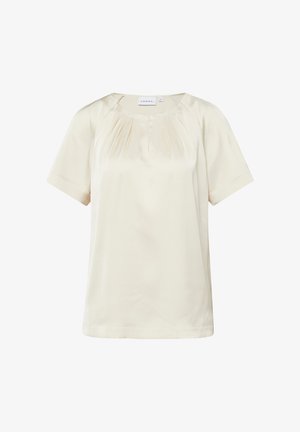 Cream short-sleeve blouse with round neckline and small vertical pleats at the front, made of smooth fabric.