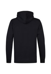 Felpa nera a maniche lunghe mostrata da dietro con cappuccio e polsini e orlo a costine, semplice senza loghi o disegni visibili.