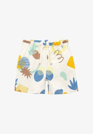 Shorts pour enfants en crème avec une taille élastique et un cordon blanc, mettant en avant des formes abstraites colorées en bleu, jaune, vert et marron.