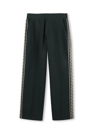 Pantalon noir droit avec taille élastique et bandes latérales blanches à motifs, présenté sur fond blanc.