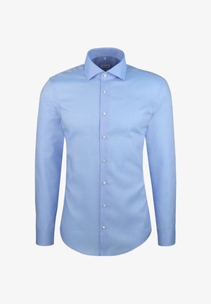 Lichtblauwe overhemd met lange mouwen en een button-down kraag, gemaakt van soepele stof, met zes knopen aan de voorkant en een getailleerde pasvorm.