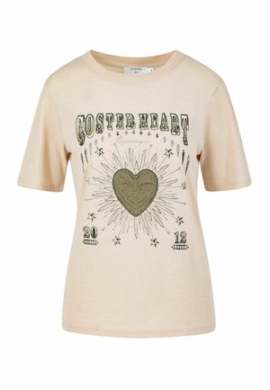Beige short-sleeve t-shirt with "Coster Heart" text, central heart graphic surrounded by radiating lines and stars, and "2012" at the bottom.