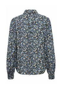 Blusa floreale blu scuro, con un motivo di fiori azzurri e bianchi con accenti arancioni. Maniche lunghe e design con colletto.