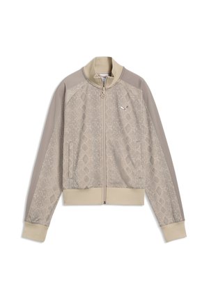 Beige lynlåstrøje med slangeskinds mønster, ensfarvede ærmer, ribstrikkede manchetter og kant og et lille Puma-logo på brystet.