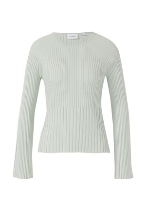Light gray ribbed knit sweater with long sleeves, round neckline, and fitted waist by Comma. brand.