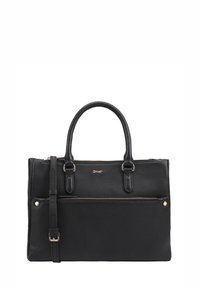 Zwarte leren handtas met een gestructureerd ontwerp, dubbele handgrepen aan de bovenkant, een afneembare schouderriem en een ritsluiting met een voorvak.