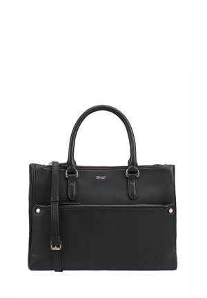 Sac à main en cuir noir avec un design structuré, deux poignées supérieures, une bandoulière amovible et une fermeture éclair avec une poche frontale.