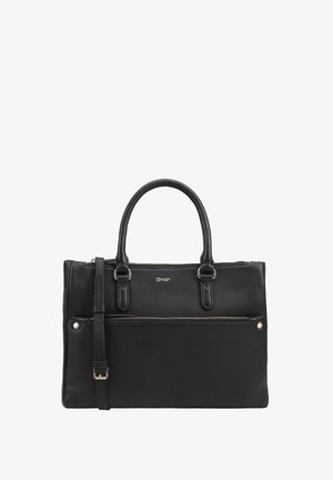 Black leather handbag with a structured design, dual top handles, detachable shoulder strap, and a zipper closure featuring a front pocket.