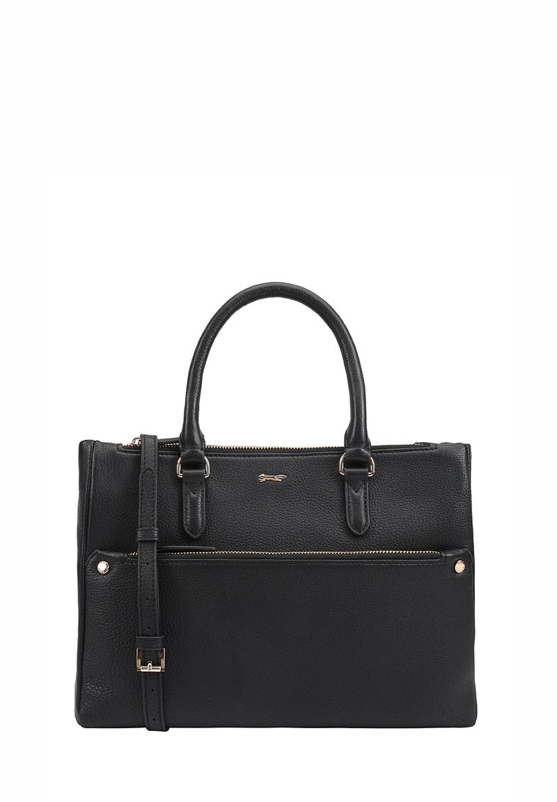 Zwarte leren handtas met een gestructureerd ontwerp, dubbele handgrepen aan de bovenkant, een afneembare schouderriem en een ritsluiting met een voorvak.