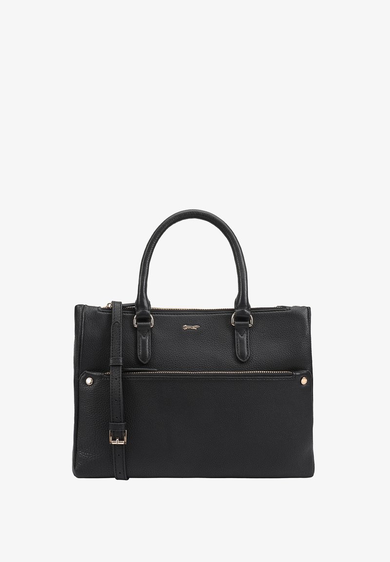 Zwarte leren handtas met een gestructureerd ontwerp, dubbele handgrepen aan de bovenkant, een afneembare schouderriem en een ritsluiting met een voorvak.