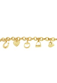 Goldene Armbandkette mit fünf Charms: einem Herzen, einem Haken, einer kleinen Tasche und einem runden Glied, alle poliert und glänzend.