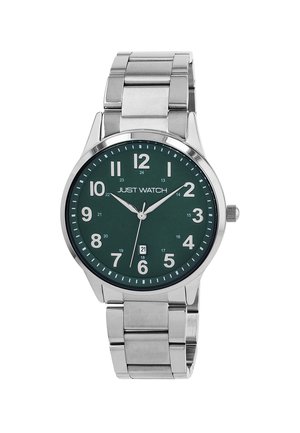 Silberner Edelstahluhren mit grünem Zifferblatt, großen weißen Ziffern, Datumsanzeige bei 6 und verstellbarem Metallarmband.