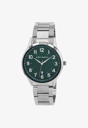 Silberner Edelstahluhren mit grünem Zifferblatt, großen weißen Ziffern, Datumsanzeige bei 6 und verstellbarem Metallarmband.