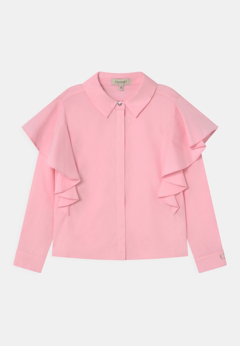 Blouse rose clair avec un col classique, une fermeture boutonnée sur le devant et des manches à volants prononcés. Confectionnée dans un tissu lisse avec une coupe structurée.