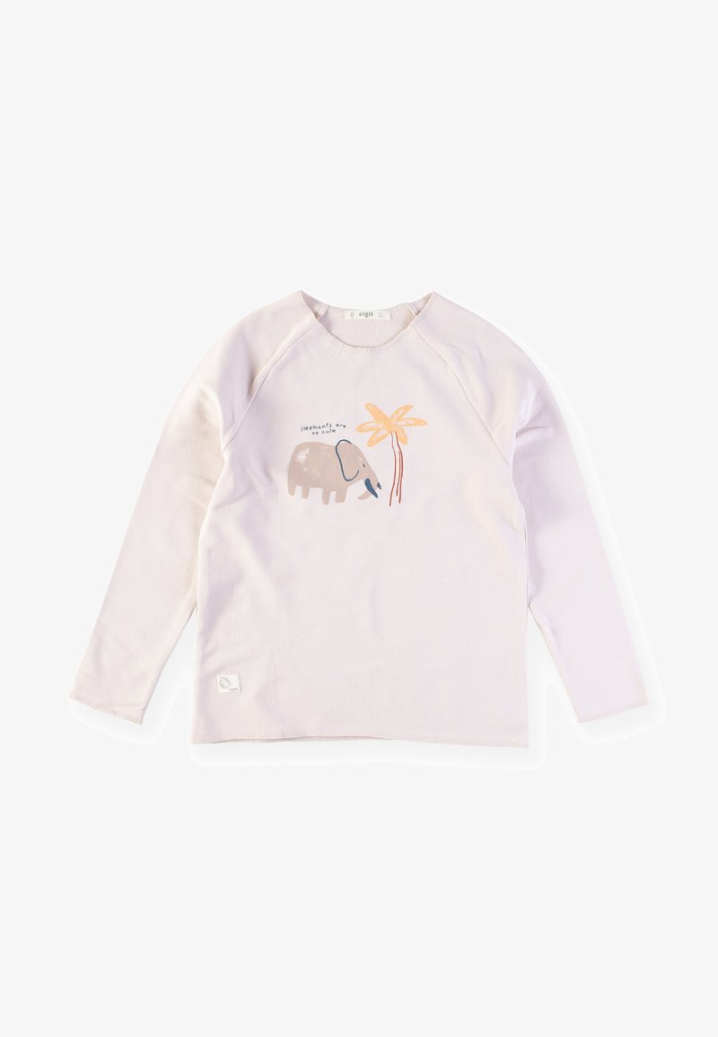 Camicia a maniche lunghe di un leggero viola con maniche raglan, caratterizzata da una grafica di un elefante e una palma in toni terrosi tenui. Tessuto di cotone morbido.