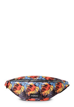 Fanny pack in durable fabric, featuring a vibrant tropical floral print in red, yellow, and blue. Black zipper and logo detail present.