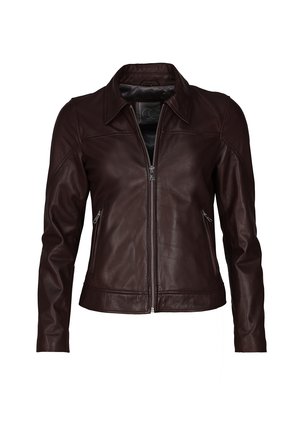 Dunkelbraune Lederjacke mit Frontreißverschluss, zwei seitlichen Reißverschluss-Taschen, langen Ärmeln und spitzem Kragen, dargestellt vor weißem Hintergrund.