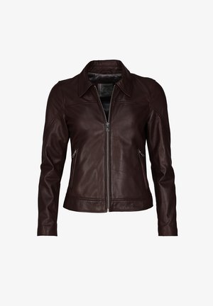 Dunkelbraune Lederjacke mit Frontreißverschluss, zwei seitlichen Reißverschluss-Taschen, langen Ärmeln und spitzem Kragen, dargestellt vor weißem Hintergrund.