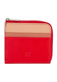 Portafoglio rosso in pelle con una texture liscia, dotato di chiusura con zip e diverse fessure per carte in tonalità beige e chiare. Logo impresso sulla parte anteriore.