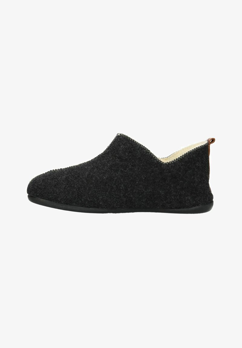 Black felt slip-on shoe with curved collar, textured exterior, and soft interior lining. Features a small leather accent on the heel.
