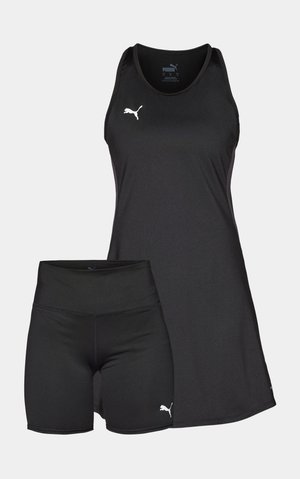 Črna atletska majica brez rokavov in kratke hlače iz raztegljivega materiala. Vsebuje belo Puma logo. Preprost dizajn z oprijetim silhueto.
