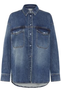 Camicia in denim con un gradiente che va dal chiaro allo scuro, colletto, maniche lunghe, due tasche sul petto e chiusura con bottoni frontale con dettagli in metallo argentato.