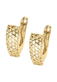 Złote kolczyki w kształcie kół z teksturowanym wzorem, zawierające siatkę i okrągłe wycięcia. Gładkie wykończenie i wypolerowana powierzchnia.
