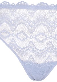Lace bikini in light blue, featuring floral patterns and scalloped edges, with a smooth fabric lining and detailed texture throughout.