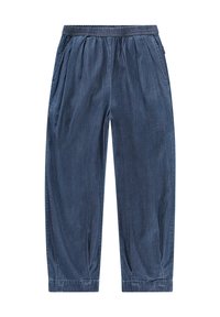 Jeans w ciemnoniebieskim kolorze, z elastycznym paskiem w talii, plisowanym przodem i zwężającymi się mankietami. Gładka tekstura z minimalnymi detalami designu.