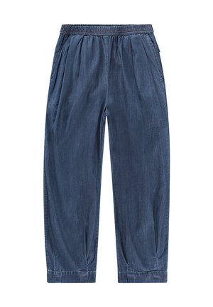 Denim bukser i mørkeblå, med elastisk talje, plisseret front og tapered cuffs. Glat tekstur med minimalt design.