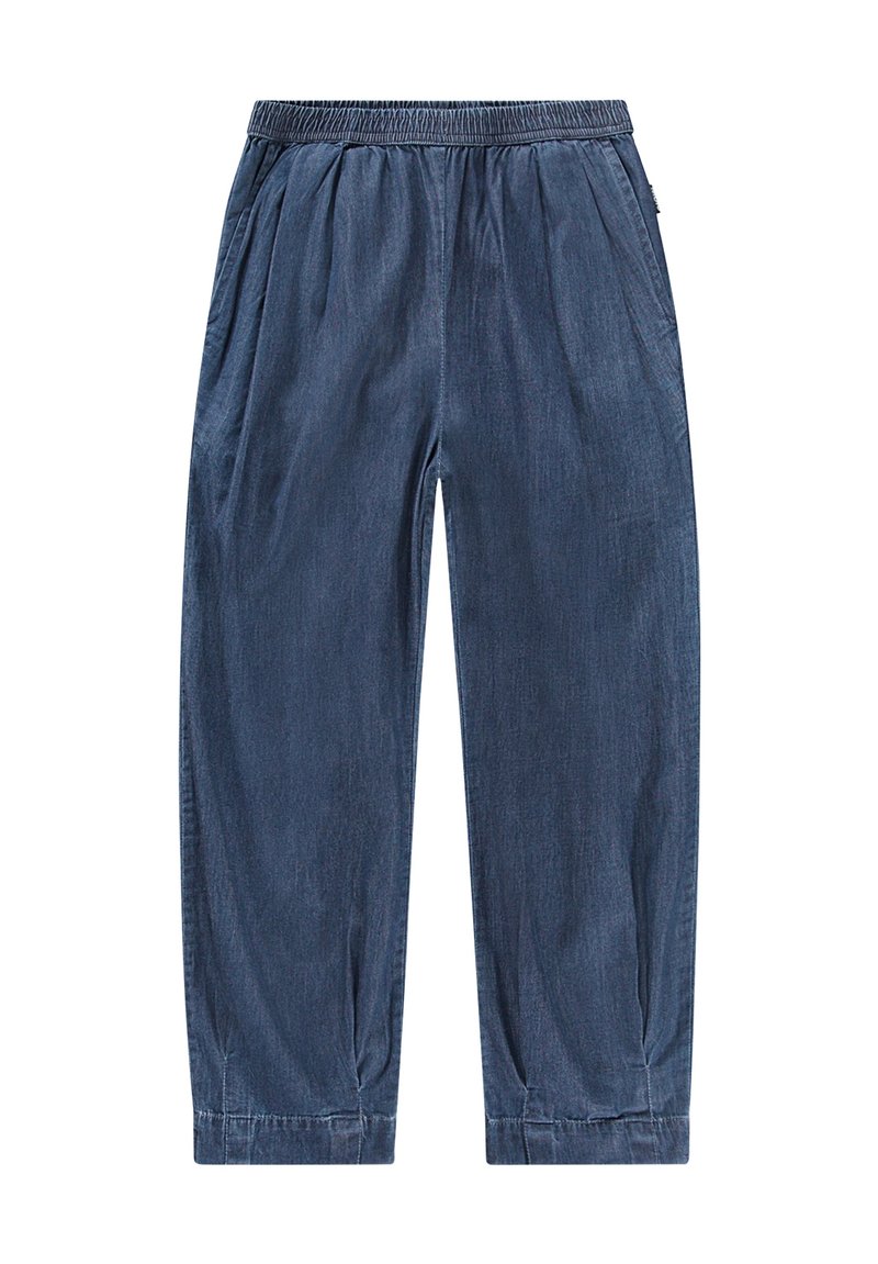 Jeans w ciemnoniebieskim kolorze, z elastycznym paskiem w talii, plisowanym przodem i zwężającymi się mankietami. Gładka tekstura z minimalnymi detalami designu.