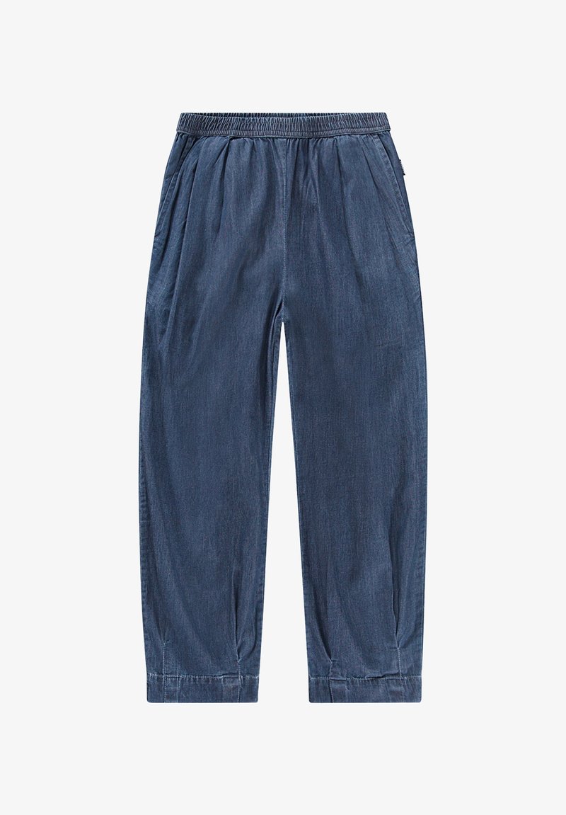 Jeans w ciemnoniebieskim kolorze, z elastycznym paskiem w talii, plisowanym przodem i zwężającymi się mankietami. Gładka tekstura z minimalnymi detalami designu.