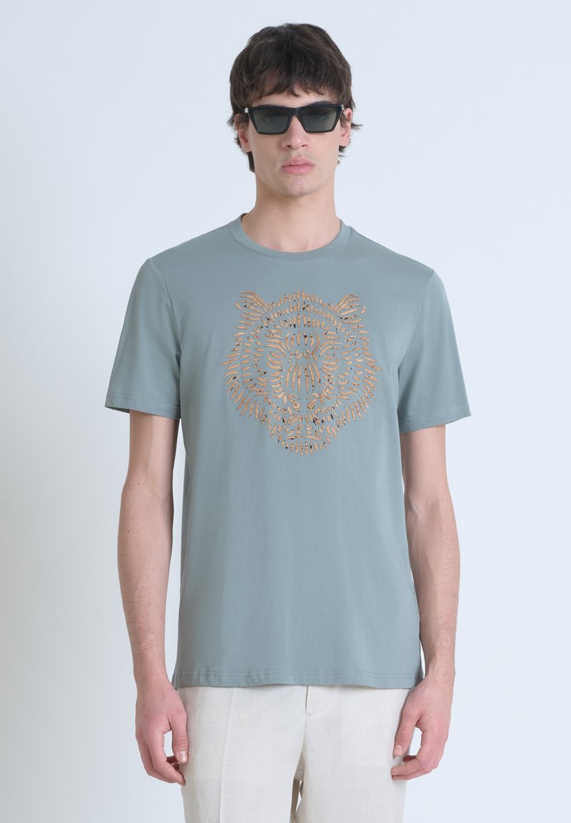 Camiseta de manga corta azul claro con un gráfico texturizado de un león marrón en el centro. Tejido suave y un cuello redondo clásico.