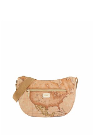 Borsa a tracolla con design vintage marrone della mappa che mostra il Nord America, tasca frontale con cerniera e tracolla regolabile color beige.
