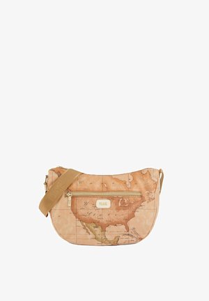 Borsa a tracolla con design vintage marrone della mappa che mostra il Nord America, tasca frontale con cerniera e tracolla regolabile color beige.