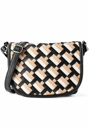 Sac bandoulière avec sangle réglable, présentant un motif tissé de lanières de cuir noires, beiges et blanches dans un design géométrique.