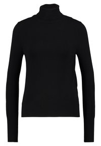 Pull à col roulé noir fabriqué dans un tissu doux et léger. Comprend des manches longues et une coupe ajustée avec un col et un ourlet côtelés.