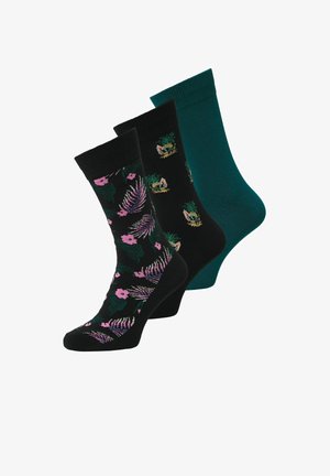 Drie paar zwarte crew-sokken met roze en paarse bloemenprint, zwart met een klein tropisch hutpatroon en effen donkergroen.