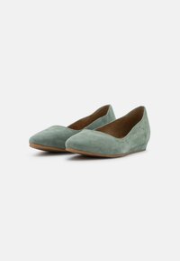 Ballerine a cuneo in suede verde con punta appuntita e tacco basso. L'interno è rifinito con una fodera marrone, che mette in risalto una texture liscia.