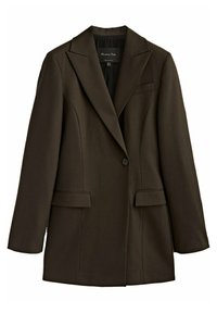 Blazer marron foncé en tissu lisse, avec col cranté, deux poches avant et fermeture à un bouton. Coupe ajustée.