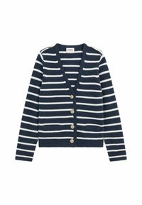 Marineblauwe en witte gestreepte cardigan met een V-hals, gouden knopenaccenten, twee voorzakken, geribbelde textuur en lange mouwen.