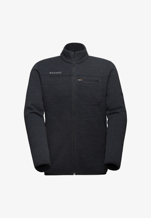 Dunkelgraue Fleecejacke mit hohem Kragen, Reißverschluss-Brusttasche und Seitentaschen. Gerippte Textur, Logo auf der Brust und Reißverschlussdetails.