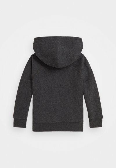 Σκούρο γκρι φούτερ με κουκούλα και ραμμένα μανίκια και στρίφωμα. Μαλακό, υφαντό υλικό με άνετη εφαρμογή και χωρίς ορατά λογότυπα ή μοτίβα.