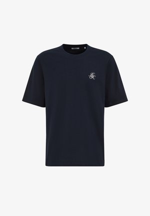 Camiseta de algodón azul marino con mangas cortas, cuello redondo y logo bordado en el pecho izquierdo. Textura suave y ajuste relajado.