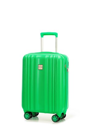 Green polycarbonate suitcase with textured stripes, four spinning wheels, and a retractable handle. Features metal logo plate on the front.