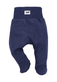 Marineblaue Baby-Leggings mit breitem Gummibund, weichem Baumwollstoff, Fußdesign und einem weißen Etikett mit einer Hundeillustration.