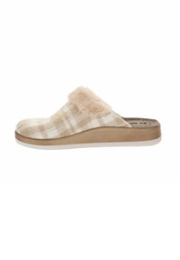 Pantofola a scacchi beige con colletto in pelliccia sintetica, suola in legno chiaro e suoletta in gomma bianca. Materiale tessile morbido e design contornato.
