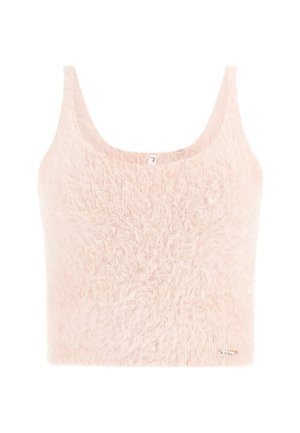 Różowy, puszysty, skrócony top na ramiączkach, z miękką teksturą, szerokimi ramiączkami i zaokrąglonym dekoltem. Małe logo marki na hemie z przodu.