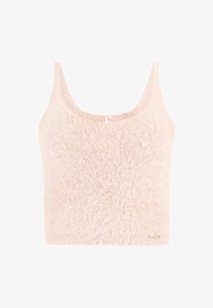 Růžový huňatý zkrácený top na ramínka s měkkou texturou, širokými ramínky a zaobleným výstřihem. Malé logo značky na spodním lemu vepředu.