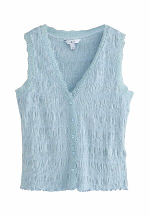 Šviesiai mėlynas rankovių megztinis su sagomis priekyje, banguotais kraštais ir nėriniais palei iškirptę bei rankovių angas.